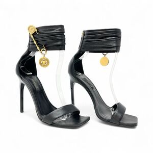 Versace Crystal La Medusa Safety Pin Sandals High Heels Shoes Black Gold 37 7